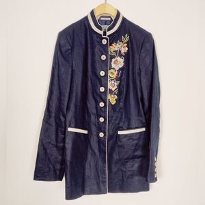 White Label Women's Embroidered Long Linen Blazer - Size 40 Business Casual